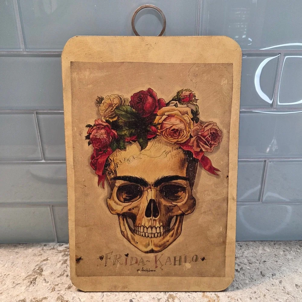 Frida Kahlo Skull Floral Crown Wood Wall Art Plaque Day of the Dead Decor